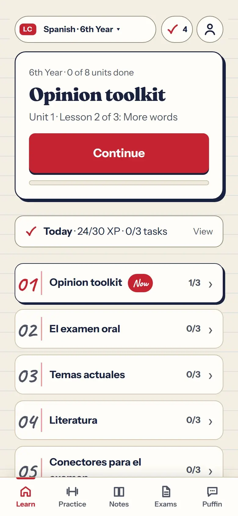 The H1 Lingo Learn screen for 6th Year Spanish, with a Continue button and a list of units
