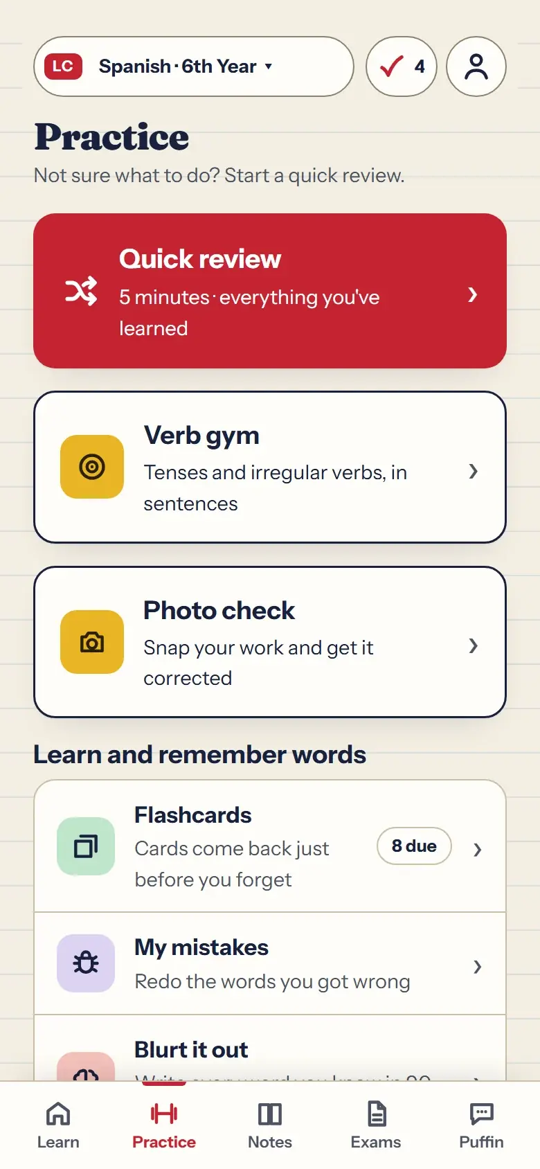 The Practice screen in H1 Lingo, with Quick review, Verb gym, Photo check and flashcards