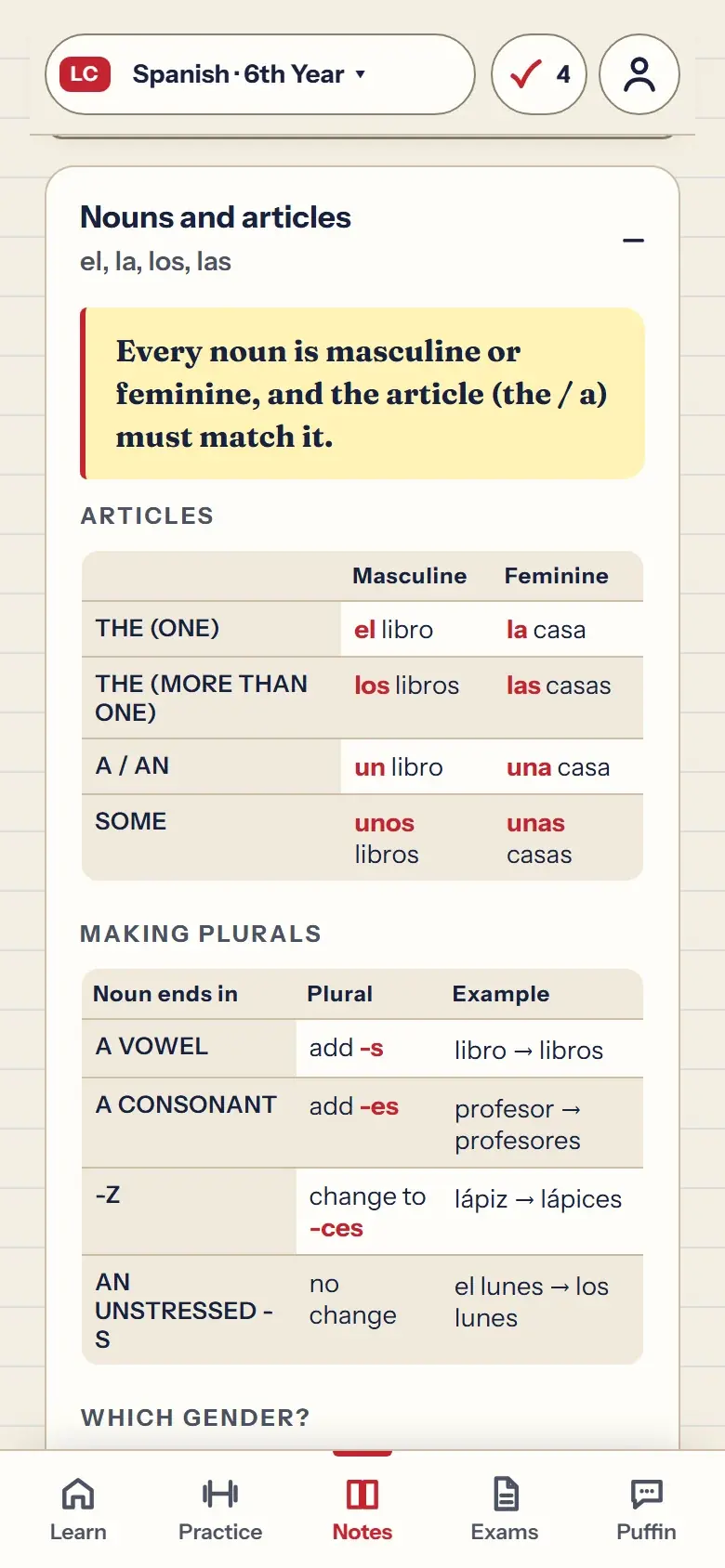 A grammar table in H1 Lingo showing the Spanish articles el, la, los and las, and how to make plurals